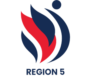 Region 5 gymnastics logo for classes, tumbling, open gym, parties, summer camps, competitive gymnastics, and coaching.