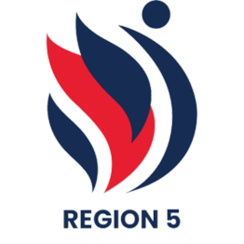 Region 5 gymnastics logo for classes, tumbling, open gym, parties, summer camps, competitive gymnastics, and coaching.